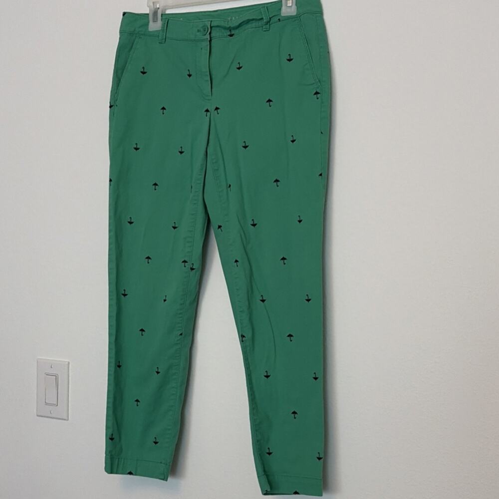 Green Anchor Print Chino Flat Front Pants Women's Button Zip 4P